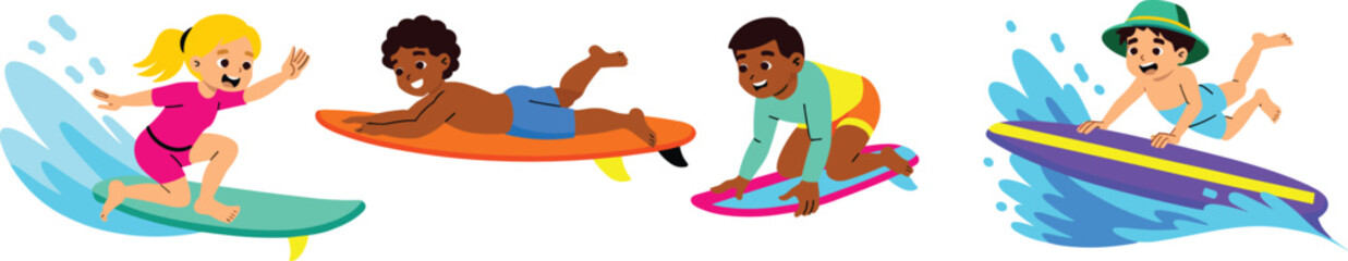 Surfing kids flat vector illustration set. Happy diverse children riding ocean waves, paddling on colorful surfboards, and balancing in the splashing water create an active summer vacation group.