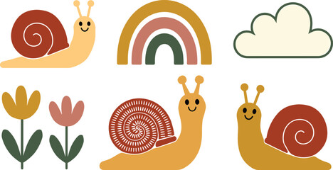 Boho snails flat vector illustration elements. Cute smiling garden mollusks, a earthy tone rainbow, fluffy cloud, and two tulip flowers compose a charming scandinavian style collection. © ALINA