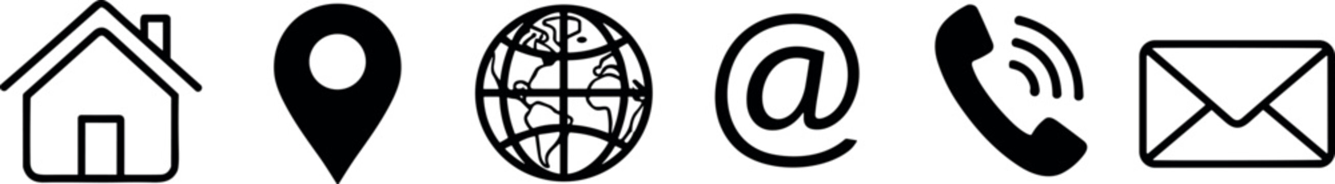 Professional collection of black contact information icons representing various communication methods on white background.