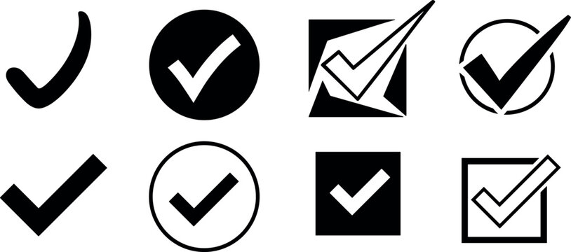 A professional collection of black check mark icons on a white background symbolizing successful completion and task validation.