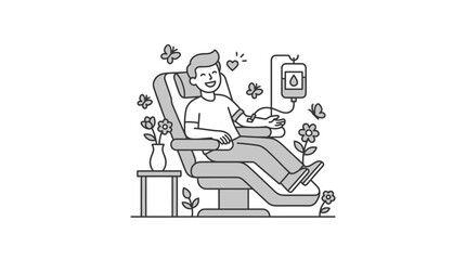 Naklejka premium Corporate of Relaxed Person Receiving IV Drip Therapy with Positive Emotions and Nature Elements
