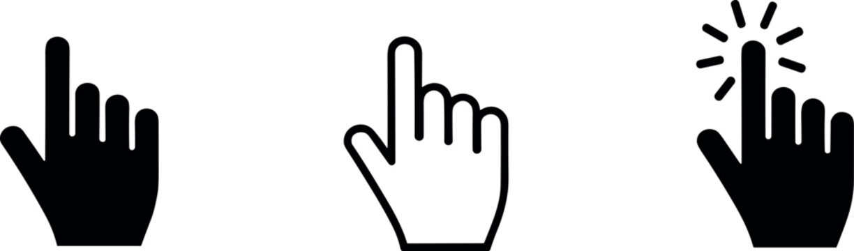 Set of minimalist hand cursor icons for intuitive digital navigation with solid and outline styles for clean web interfaces.