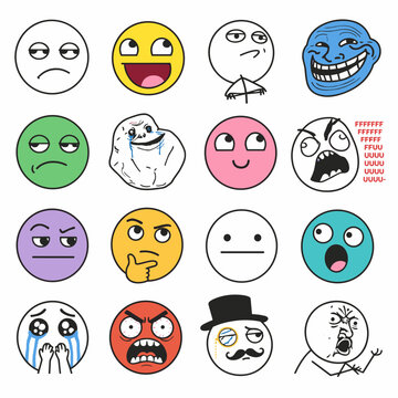 Meme Faces Collection: A collage of popular internet meme faces expressing a wide range of emotions, from joy and laughter to anger and sadness.