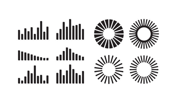 Collection of sound frequency level bars and circular loading progress indicator icons.