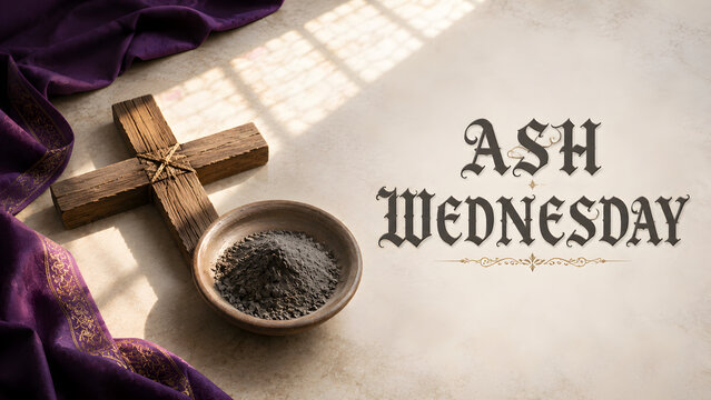 Ash wednesday religious observance with wooden cross and ashes