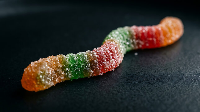 Sugared gummy worm candy with vibrant colors on a dark textured background, a delightful treat