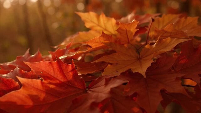 Autumn leaf cluster with warm orange red foliage and soft light natural forest background, autumn leaf branch with red and orange foliage warm soft light, autumn leaf closeup orange red foliage warm