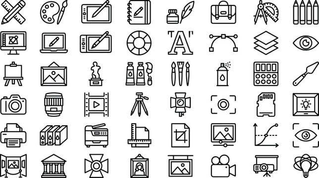 Graphic design digital art multimedia studio and photography line icon sheet featuring creative tools painting equipment camera settings galleries and printers, vector outline set.