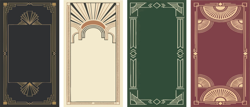 Art deco style vertical banners with geometric sunbursts and architectural column motifs