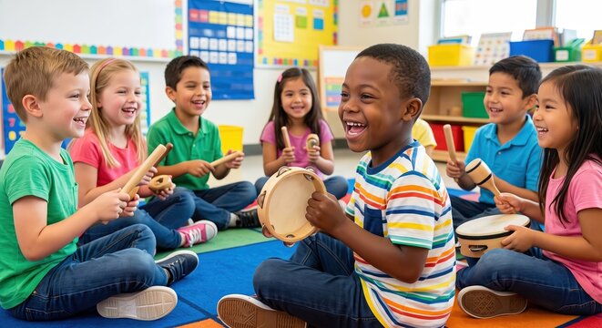 Diverse Group of Happy Children Playing Musical Instruments in a Classroom