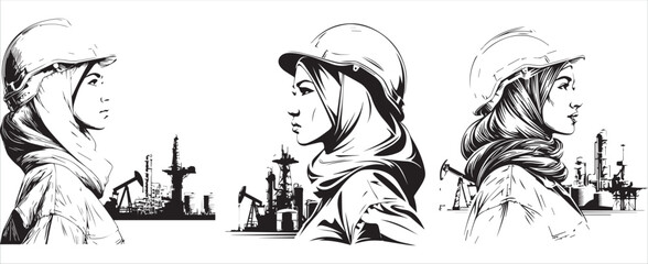 Muslim female engineer vector set wearing hijab and safety hard hat, middle eastern woman architect profile portrait with oil refinery industrial plant background line art design. © Mujtanibah