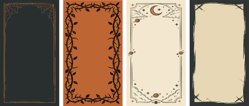 Halloween spooky frame with spider web and vines, vintage gothic design for invitation or social media