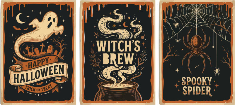 Happy halloween posters with ghost cauldron and spider web illustrations