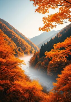 Golden autumn foliage blankets a serene mountain valley where a misty river flows gently through the vibrant orange and red maple trees, outdoors, valley, oak