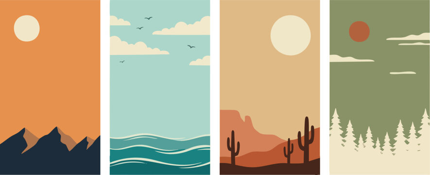 Minimalist landscape scenery posters featuring mountain ocean desert and forest scenes in vintage boho style