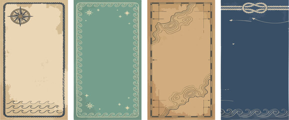 Nautical theme vintage maps and banners with compass rose and sea wave illustrations © MDMUKTADIR