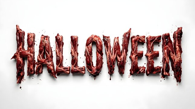 Halloween text made of raw meat isolated on white background