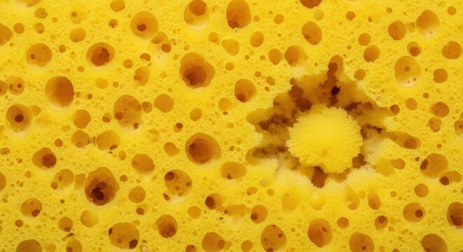 Macro view of a bright yellow sponge showing its porous surface with intricate holes and rough texture suitable for cleaning or art, cleaning, porousness, hygiene