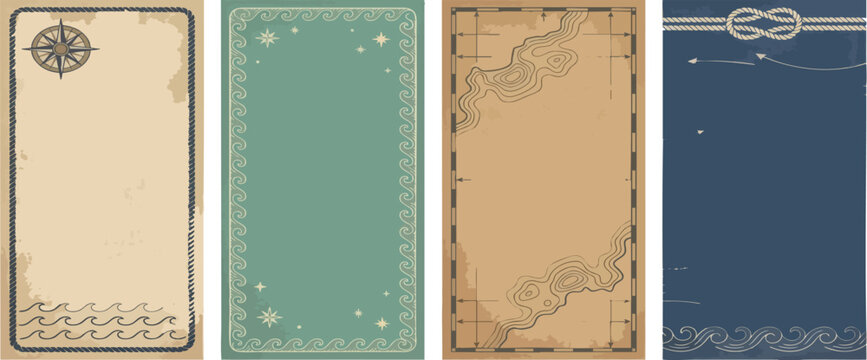 Nautical theme vintage maps and banners with compass rose and sea wave illustrations