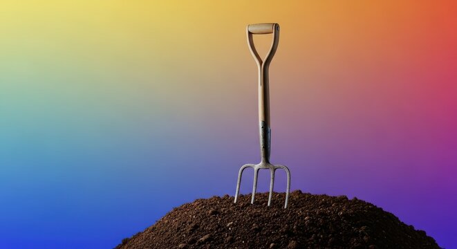 Rustic three-tine pitchfork resting vertically in rich dark garden soil, ready for turning compost or aerating the earth, backyard, tines, outdoor