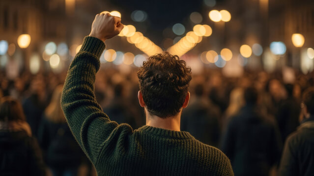 Caucasian young man raising clenched fist during protest march at night in city, activism and solidarity