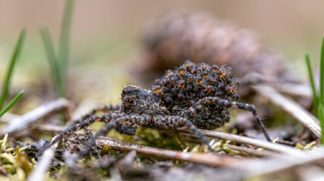 Wolf Spider Carrying Many Spiderlings on Its Back