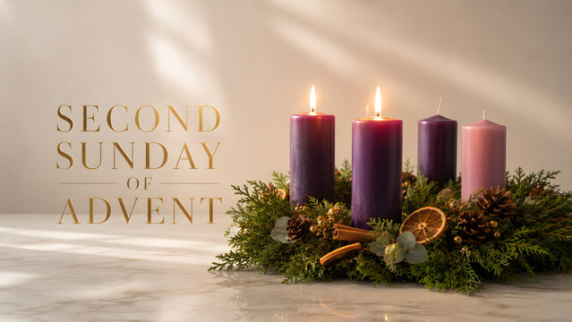 Second sunday of advent with two lit purple candles on a festive wreath