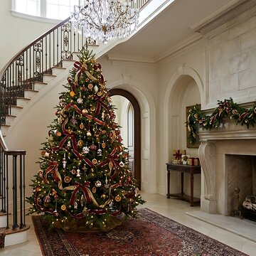 Magical Decorated Christmas Tree in Elegant Indoor Courtyard with Festive Holiday Ornaments