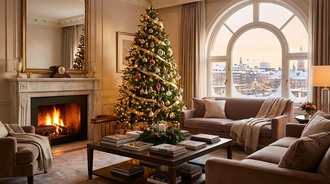 Magical Cozy living room with Christmas tree by fireplace