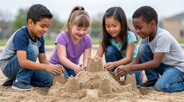 Diverse Group of Happy Children Building a Sandcastle Together at the Park