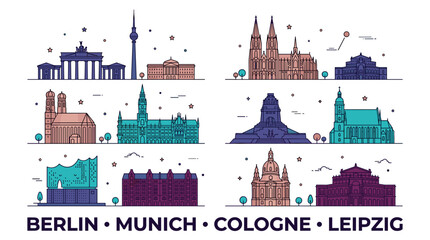Fototapeta premium Minimal German Heritage Skyline Series with Berlin, Munich, Cologne, Leipzig, Hamburg and Dresden Color Vector Set
