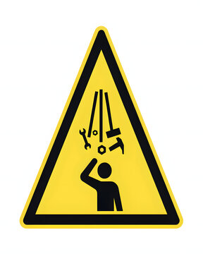 Warning falling objects sign with person and tools, caution triangle icon