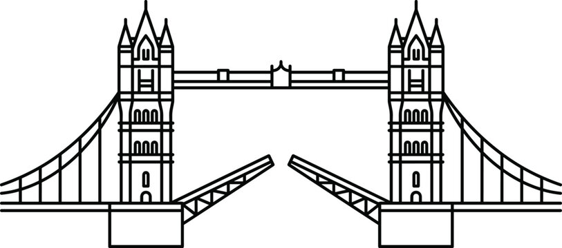 Minimalist line art vector illustration of the iconic London Tower Bridge with open bascules