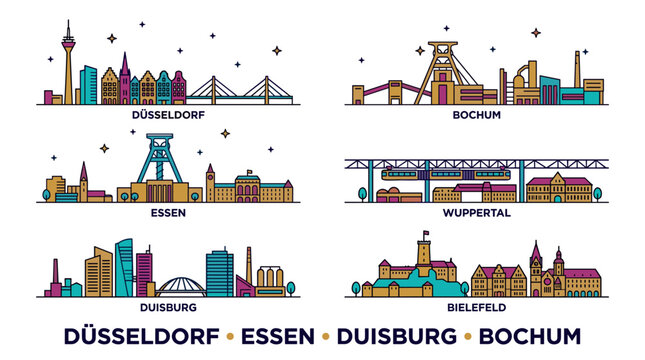 Vibrant Ruhr Region Industrial Skyline Collection with D&uuml;sseldorf, Essen, Duisburg, Bochum and Wuppertal Flat Vector Set