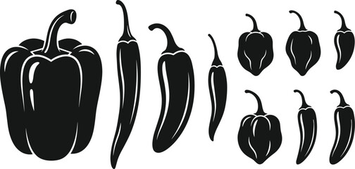 Various pepper silhouettes set including bell pepper chili jalapeno habanero for food graphic design © MdAbdur