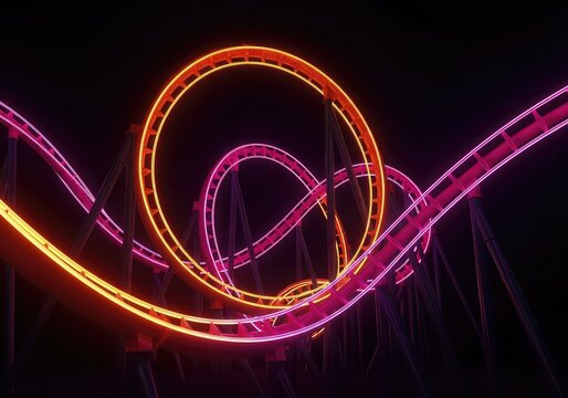 Abstract glowing roller coaster tracks featuring vibrant pink and bright orange neon wires looping through a dark and mysterious space, roller coaster, speed, flow