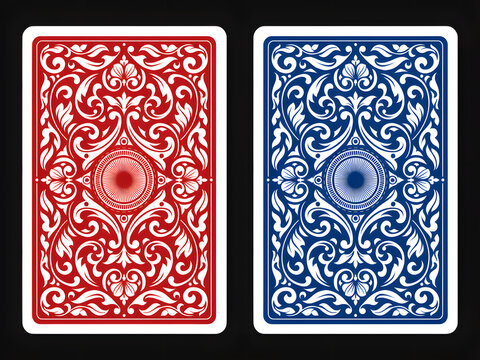 Red and blue playing cards with ornate floral design for gaming and illustration