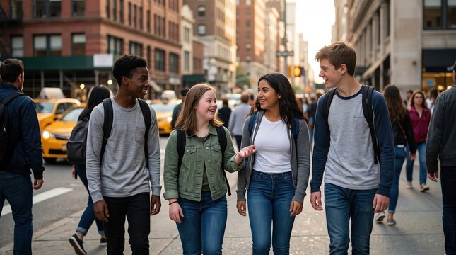 Diverse Group of Students Walking Together on a Busy New York City Street