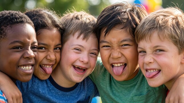 Diverse group of happy young boys hugging and laughing together