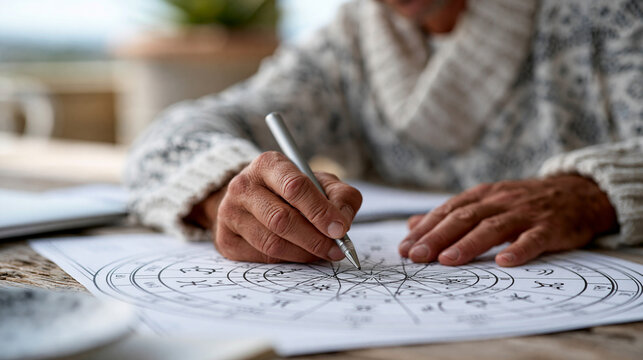 Astrologer reading a natal chart with hand resting on a horoscope wheel, professional astrology consultation, with copy space