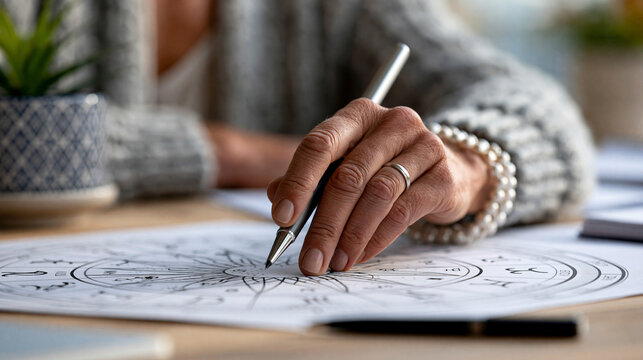 Astrologer reading a natal chart with hand resting on a horoscope wheel, professional astrology consultation, with copy space