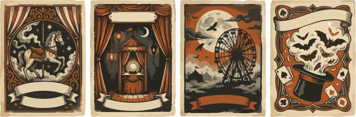 Vintage circus and magic show posters featuring carousel horse fortune teller ferris wheel and magician hat © MDMUKTADIR