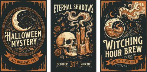 Vintage halloween mystery posters with crescent moon black cat skull candles and magic potion bottle © MDMUKTADIR