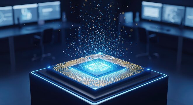 Glowing blue quantum processor with intricate gold circuits and floating particles representing data breakthrough in modern technology lab, science, qubit, research