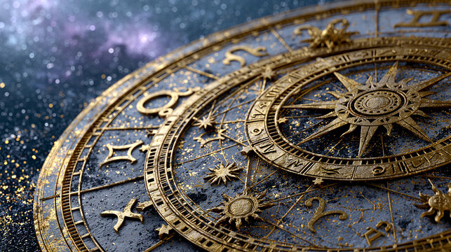 Intricate golden celestial map featuring astrological symbols on a starry background, cosmic chart art, with copy space