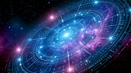 Fototapeta premium Abstract digital cosmic wheel featuring glowing stars and nebula patterns, futuristic zodiac illustration, with copy space