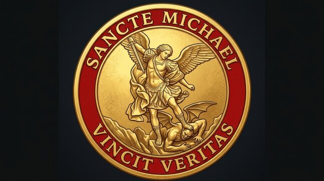 Golden Saint Michael emblem with red border