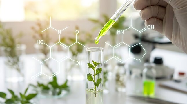 Scientist conducting biotechnology plant experiment with chemical dropper in lab