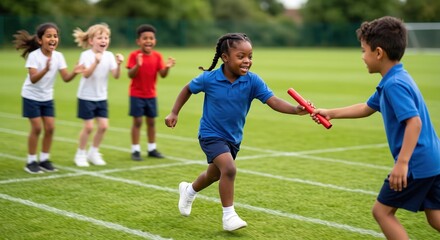 Naklejka premium Children enjoy a relay race during a school sports day on a grassy field