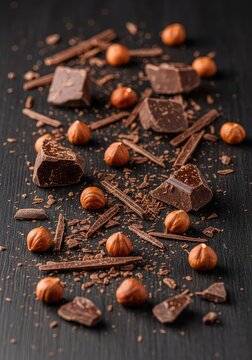 Scattering of dark chocolate chunks, thin shavings, and whole toasted hazelnuts artfully arranged on a dark wooden tabletop background, crunchy, cocoa, toasted